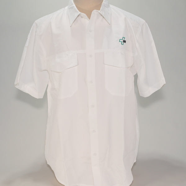 Harriton Men's Lightweight Fishing-Style Shirt, SS, White w/ Green Logo
