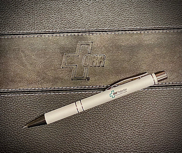 White Metal Gel Pens with Small Logo (sold as 10 pens per bundle)