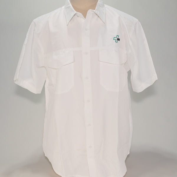 Harriton Lightweight Fishing-Style Shirt, White w/ Green Logo, Men's 3XL